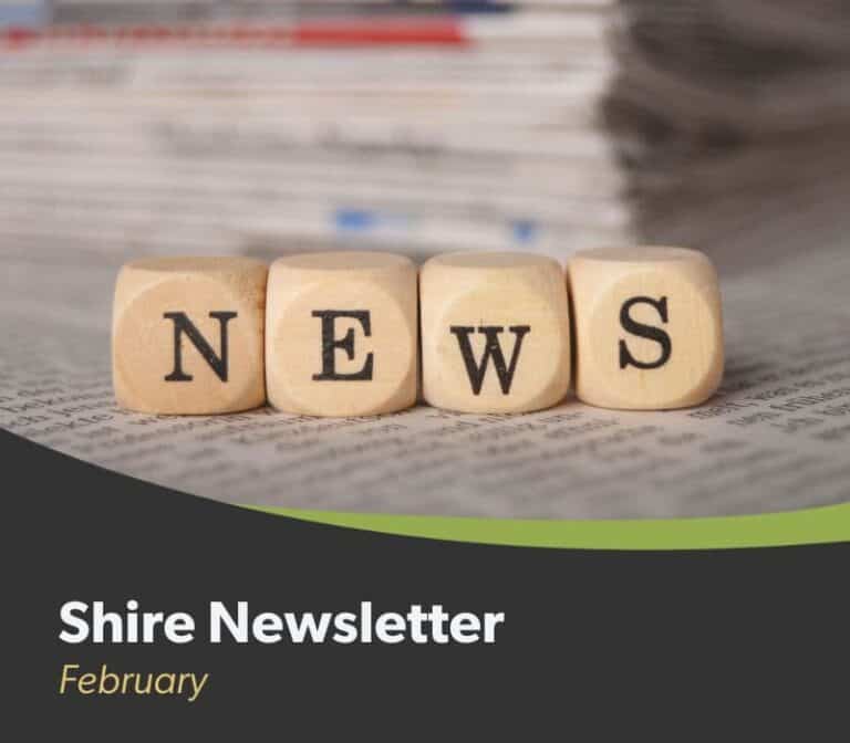 Blocks spelling out NEWS with the text 'Shire newsletter February'