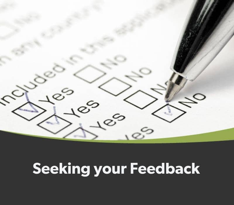 A pen filling out a feedback form with the title "seeking your feedback.