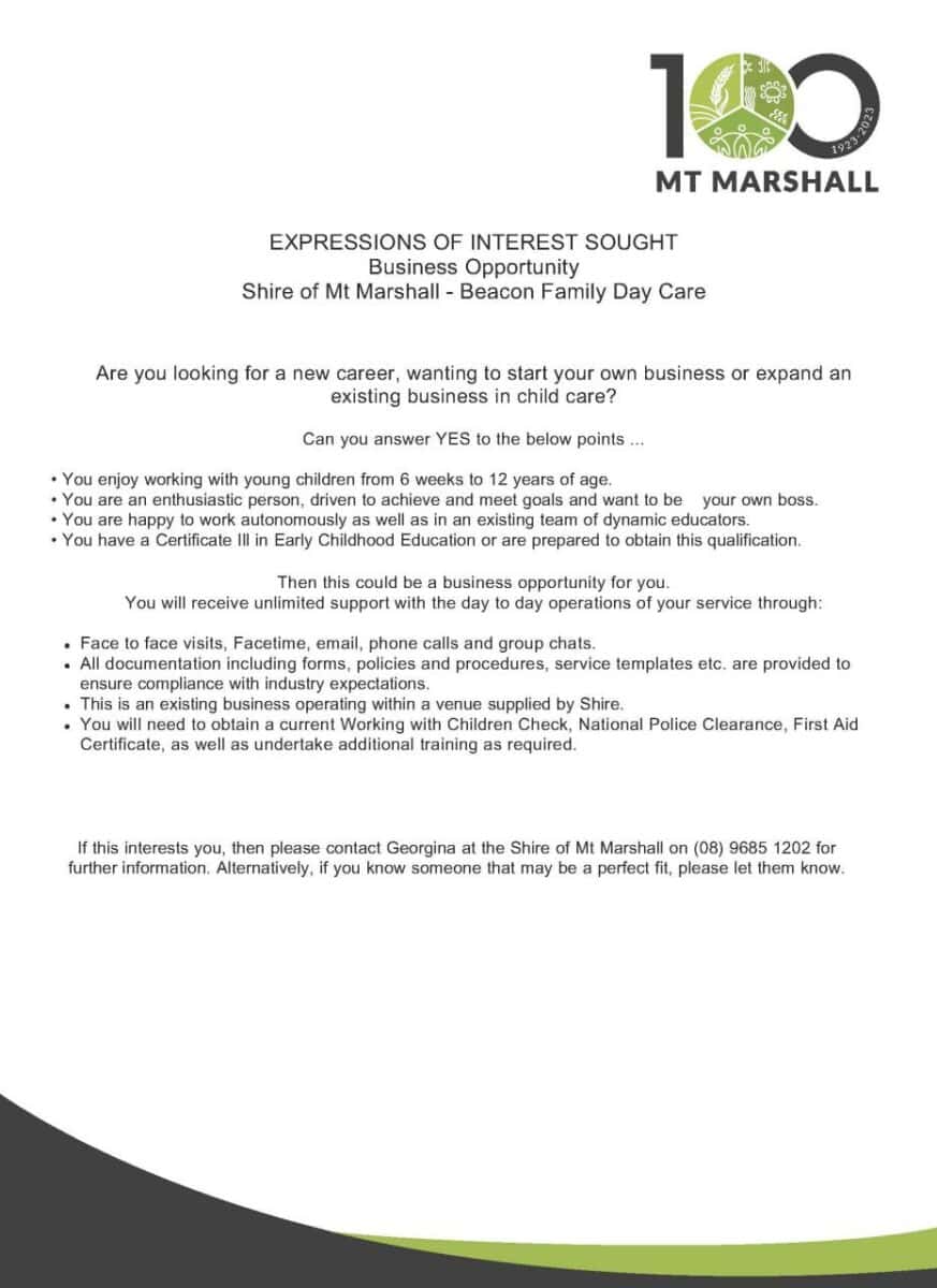 Document titled "expressions of interest sought - mt marshall business opportunity," calling for individuals interested in starting or expanding a child care business in the shire of mt marshall.