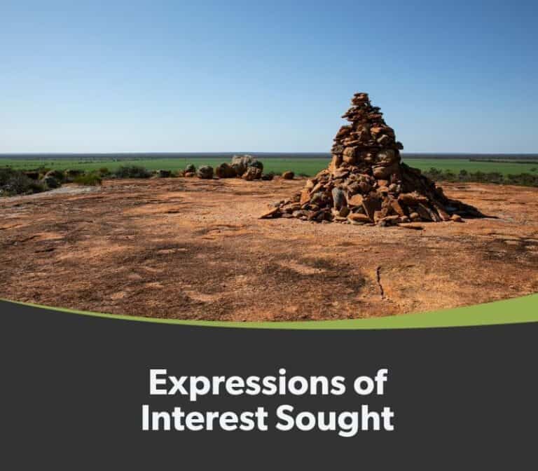 A cairn of stacked stones on a rocky outcrop overlooking a vast, flat landscape, with a text overlay at the bottom reading "expressions of interest sought.